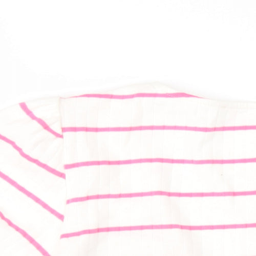 Saviour Womens White Striped Cotton Basic T-Shirt Size L V-Neck