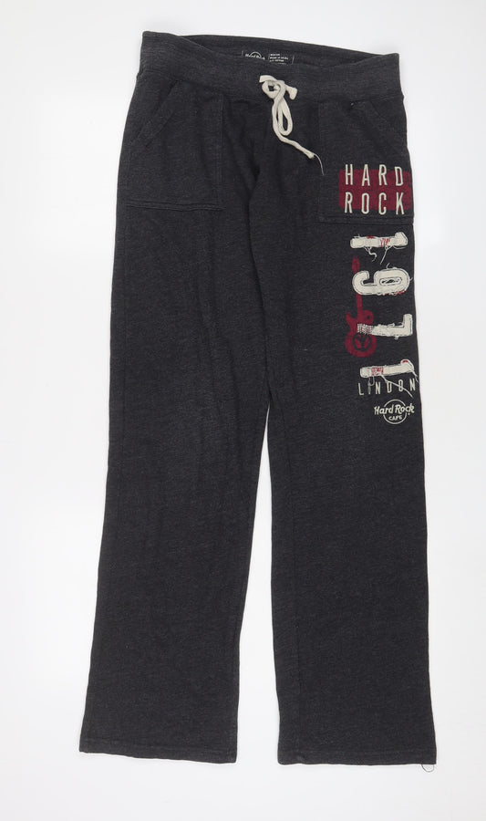 Hard Rock Womens Grey Cotton Jogger Trousers Size M L32 in Regular Drawstring - Logo, Embroidered