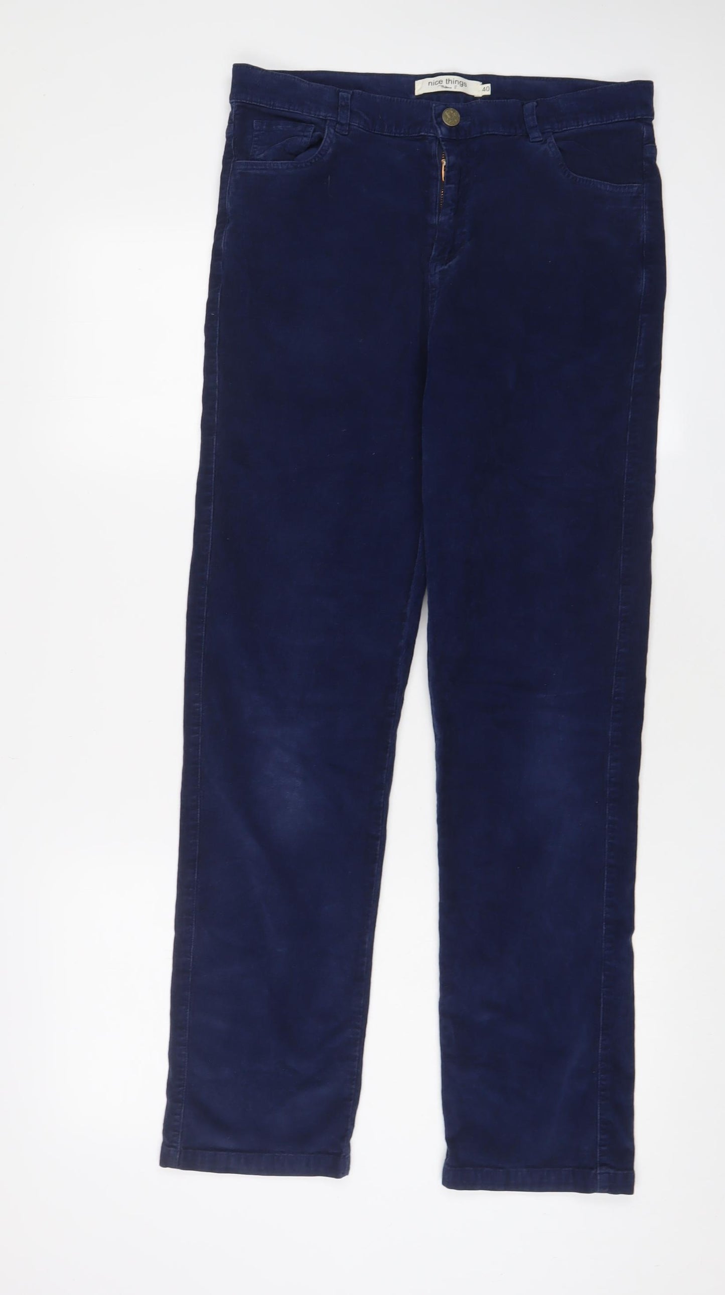 nice things Womens Blue Cotton Trousers Size 12 L30 in Regular Zip