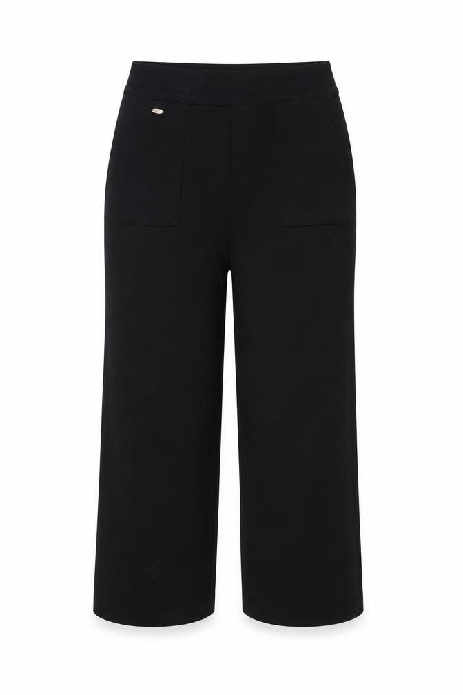 Front view of Street One women’s black polyester jegging trousers, size UK 8, 26-inch leg regular drawstring - logo