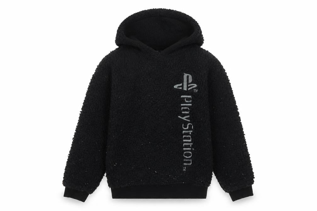 Front view of PlayStation boys’ black polyester pullover hoodie, size 9-10, years pullover - play staton