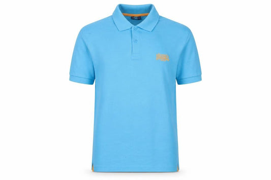Front view of Lonsdale men’s blue cotton polo, size L, collared button - logo, embroidered