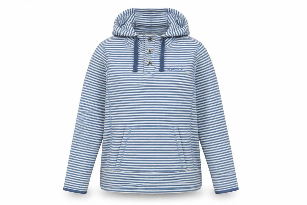 Front view of brasher women’s blue striped polyester pullover hoodie, size UK 12, button - logo, embroidered