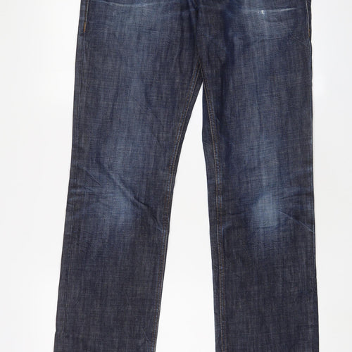 HUGO BOSS Mens Blue Cotton Straight Jeans Size 33 in L32 in Regular Button
