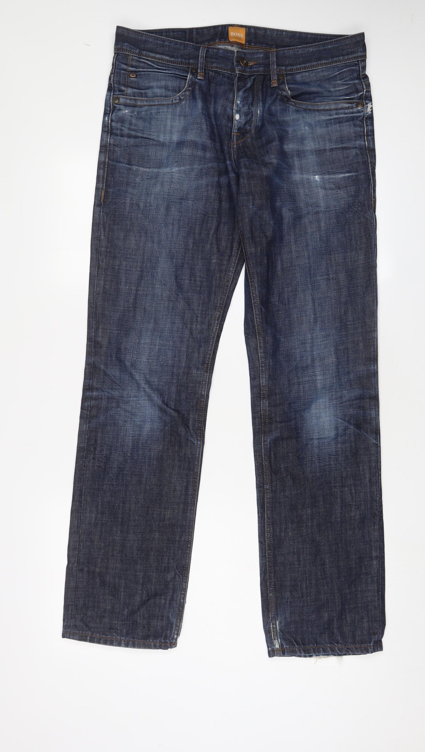 HUGO BOSS Mens Blue Cotton Straight Jeans Size 33 in L32 in Regular Button