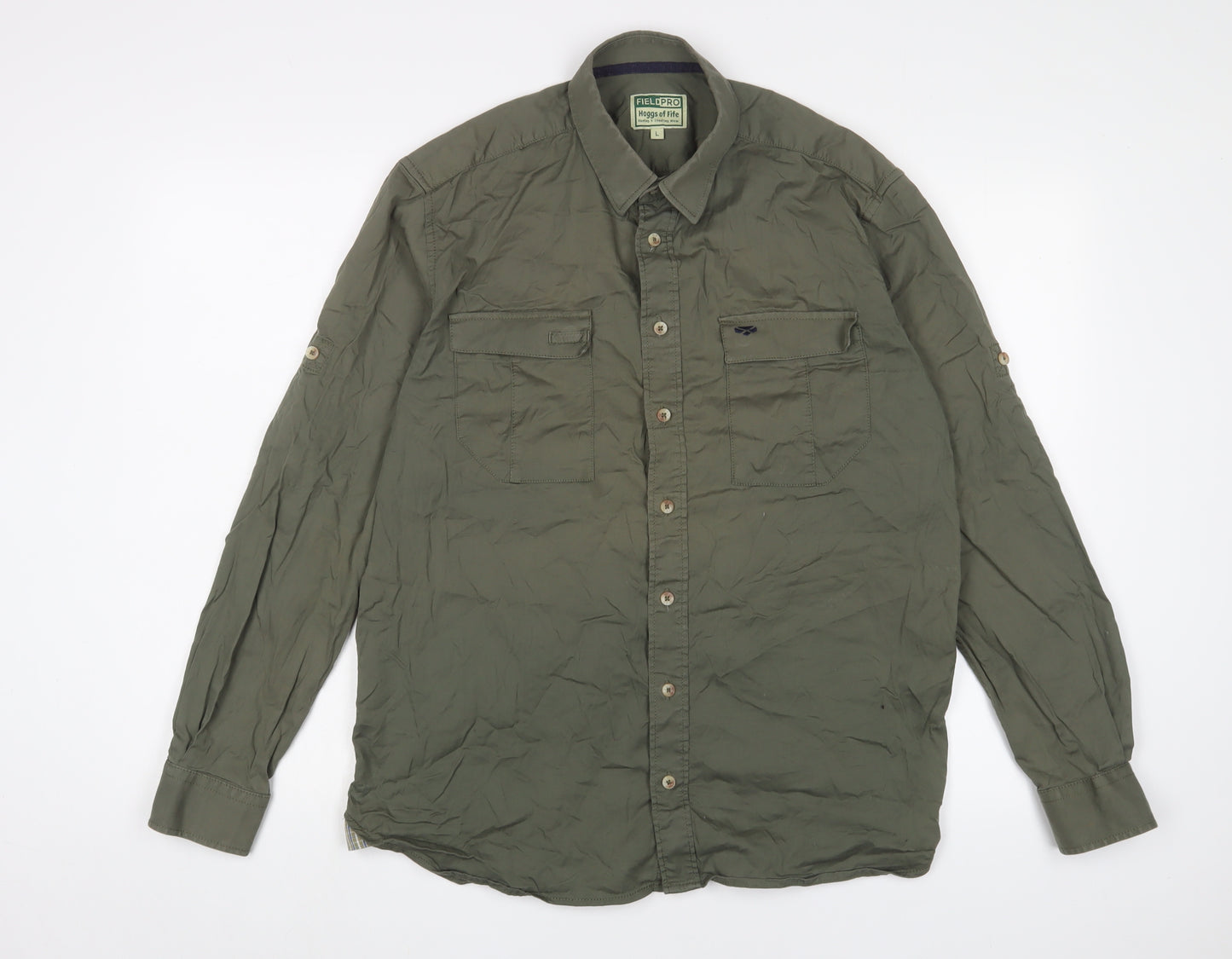Field Pro Mens Green Cotton Button-Up Size L Collared Buckle