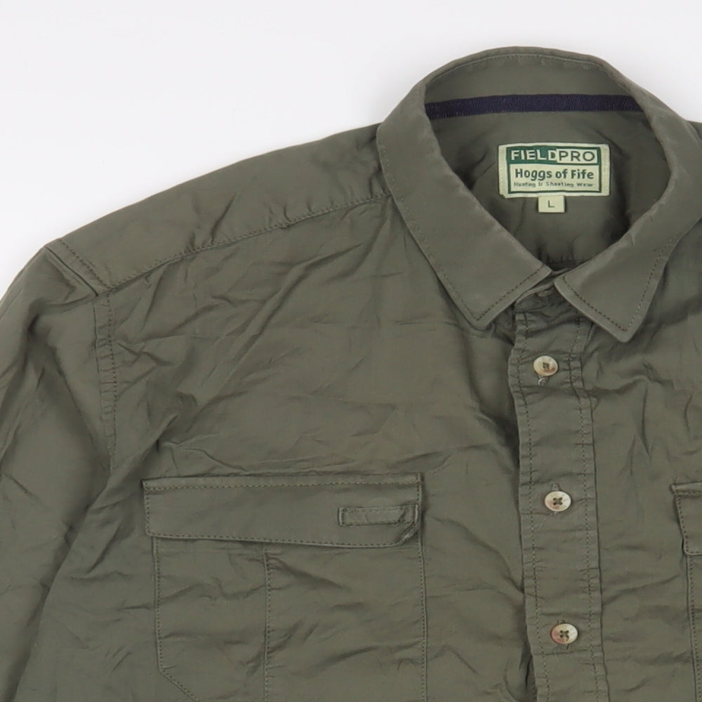 Field Pro Mens Green Cotton Button-Up Size L Collared Buckle