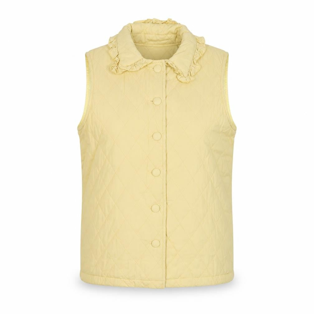 Front view of Daisy Street women’s yellow gilet jacket, size UK 8, button