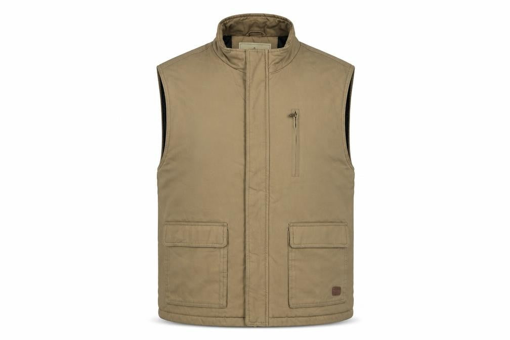 Front view of Wenven men’s beige gilet jacket, size L, zip