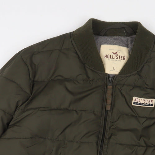 Hollister Mens Green Puffer Jacket Jacket Size L Zip - Logo, Embroidered