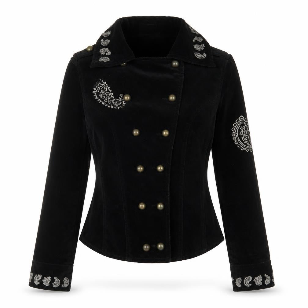 Front view of Y London women’s black jacket, size S, button - embroidered