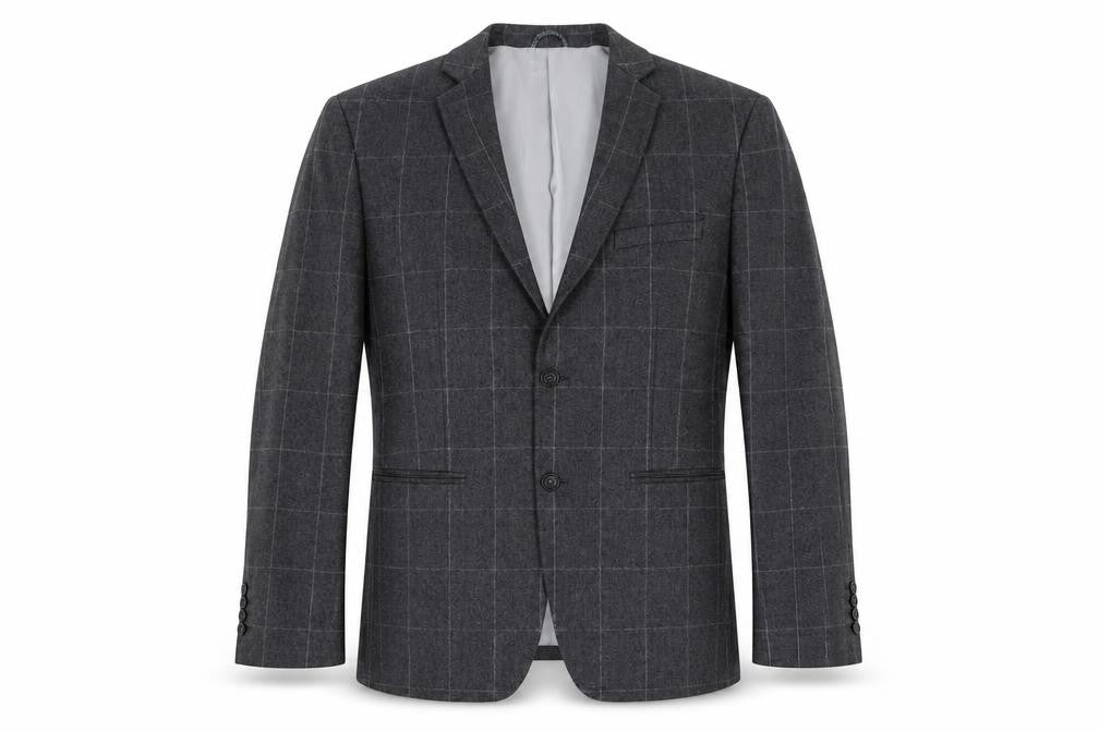 Front view of CHESS men’s grey plaid wool jacket suit jacket, size 40, regular