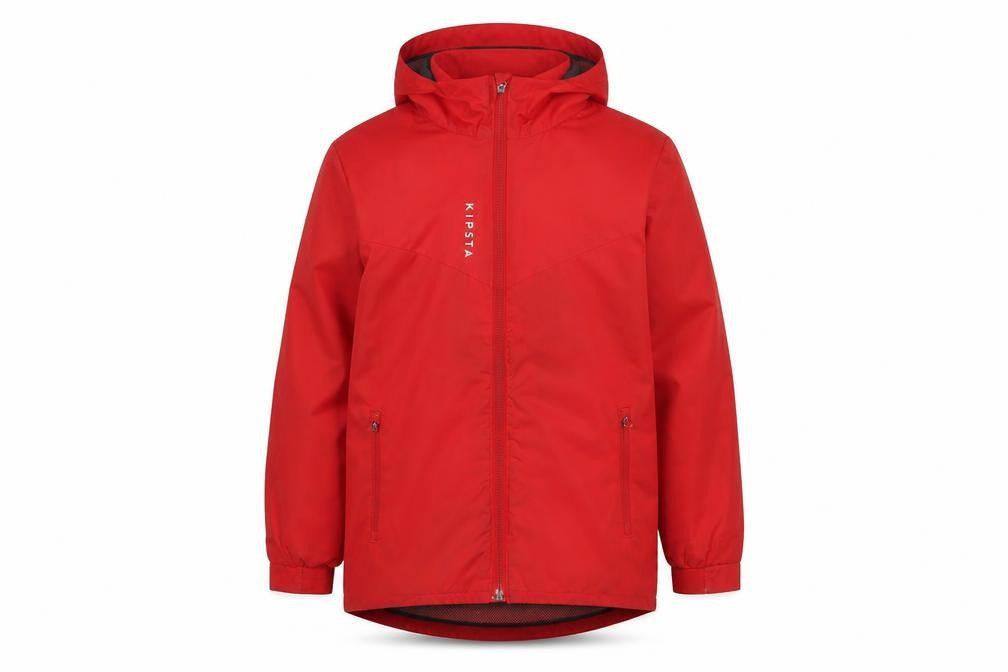 Front view of Kipsta boys’ red jacket, size 5-6, years zip - logo