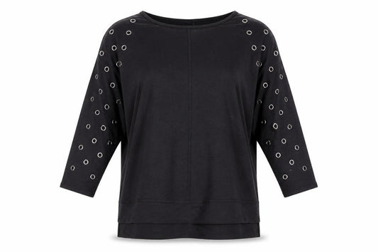 Front view of Cyrus Black 3/4 Sleeve Grommet T-Shirt, size L