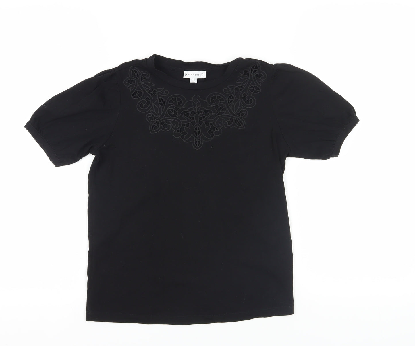 Warehouse Black Embroidered Cotton T-Shirt Size 6