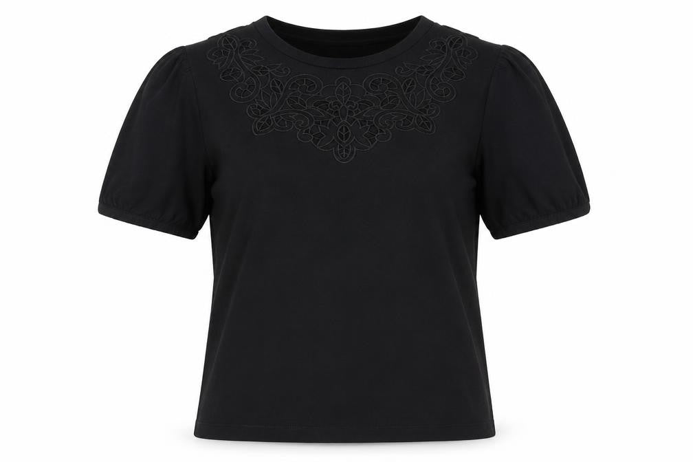 Front view of Warehouse Black Embroidered Cotton T-Shirt, size 6