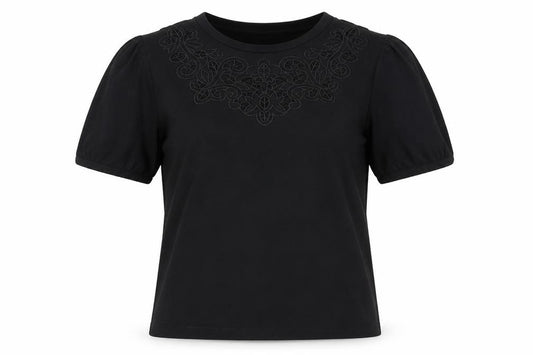 Front view of Warehouse Black Embroidered Cotton T-Shirt, size 6