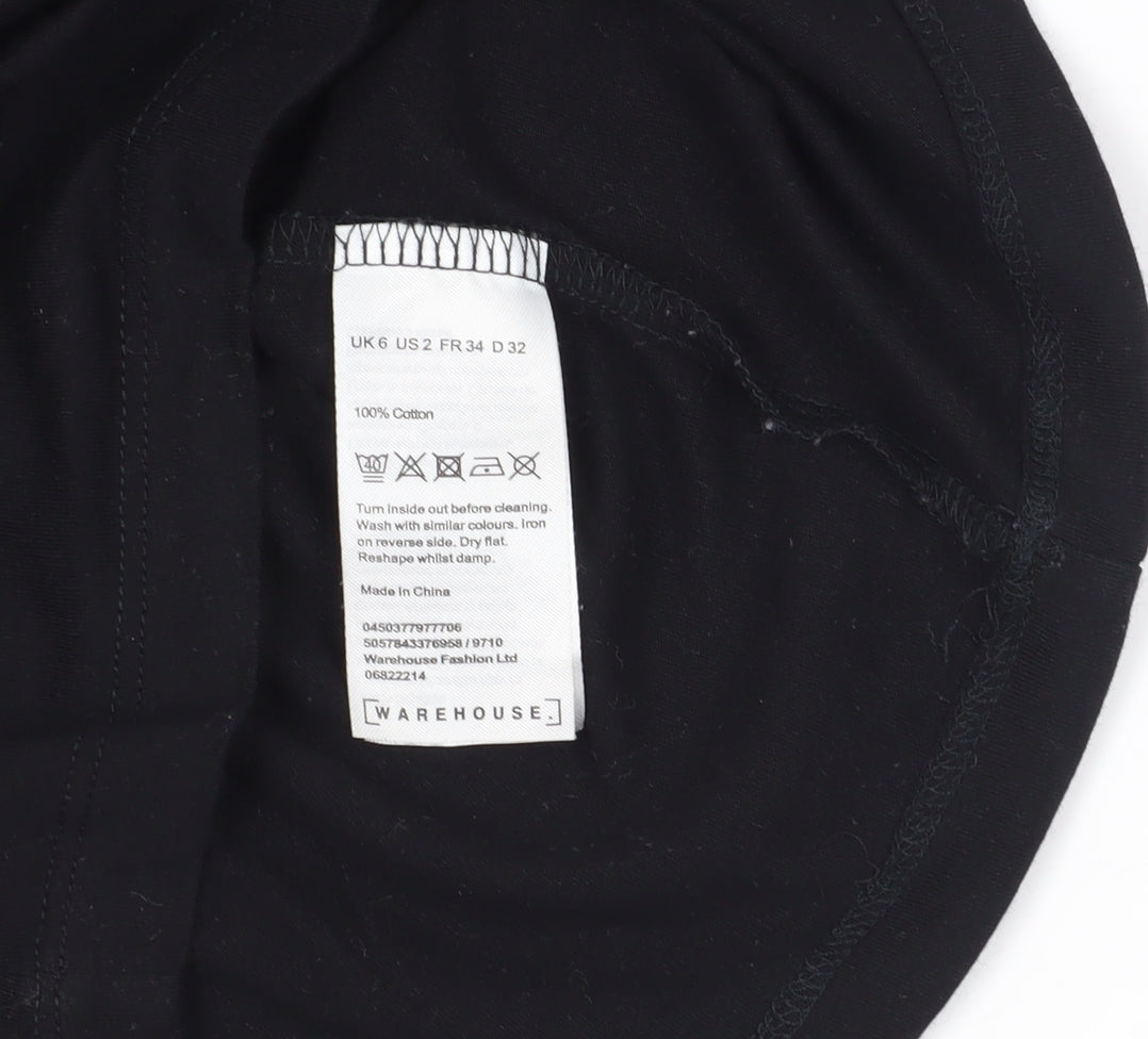 Warehouse Black Embroidered Cotton T-Shirt Size 6