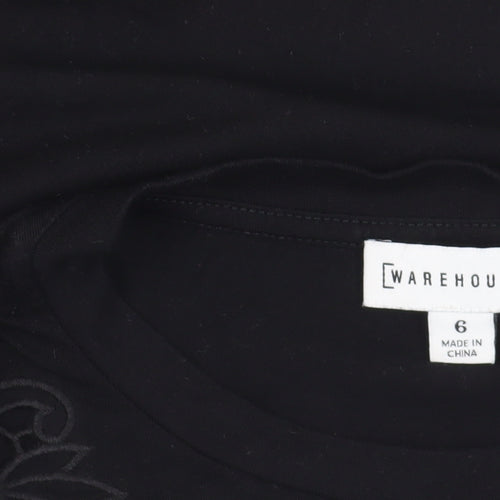Warehouse Black Embroidered Cotton T-Shirt Size 6