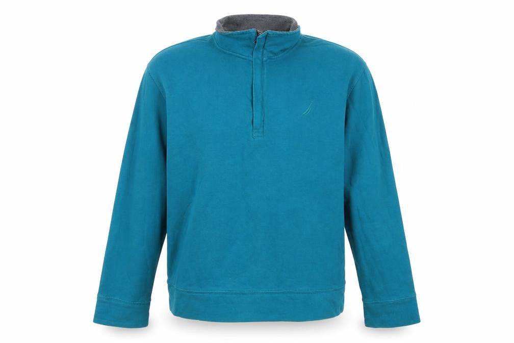Front view of Nautica Blue 1/4 Zip Sweatshirt - Men's L, Logo Accent