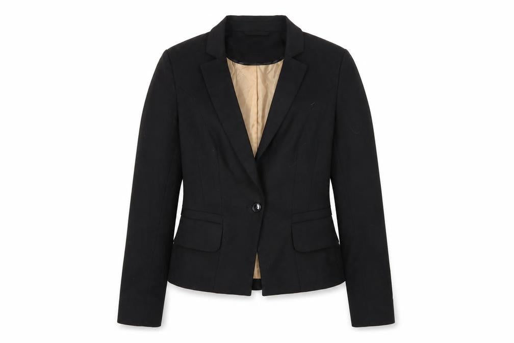 Front view of Oasis women’s black jacket blazer, size UK 10, button