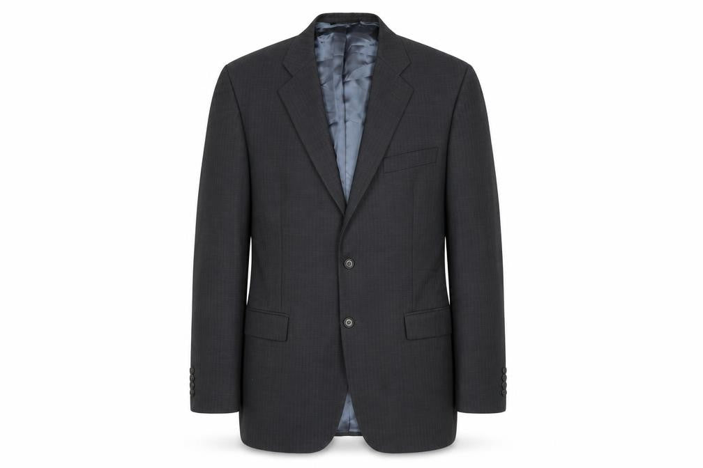 Front view of Marks & Spencer men’s grey striped wool jacket blazer, size 46, regular