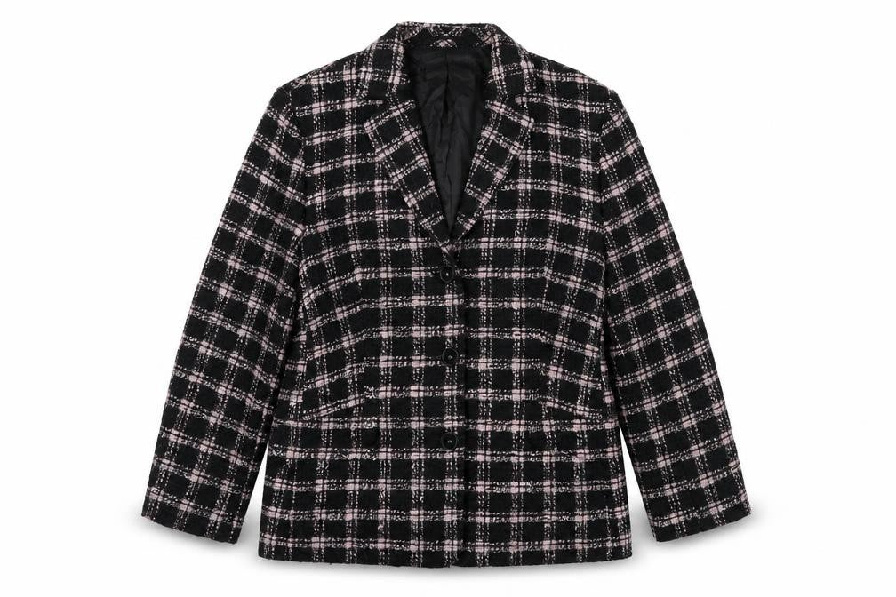 Front view of Marcona women’s multicoloured check jacket blazer, size UK 14, button