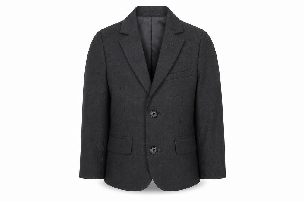 Front view of Marks & Spencer boys’ grey ikat jacket blazer, size 2-3, years button