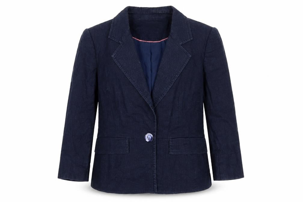 Front view of Country Casuals women’s blue jacket blazer, size UK 12, button