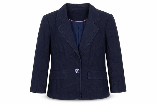 Front view of Country Casuals women’s blue jacket blazer, size UK 12, button