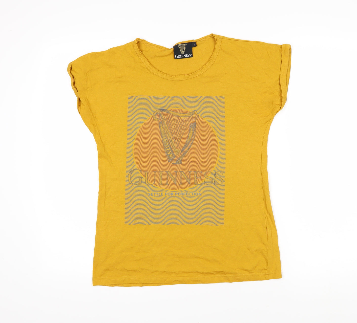 Guiness Womens Yellow Cotton Basic T-Shirt Size M Roll Neck - Guiness settle for perfection