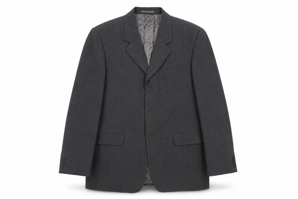 Front view of Cohesion men’s grey striped viscose jacket blazer, size 42, regular