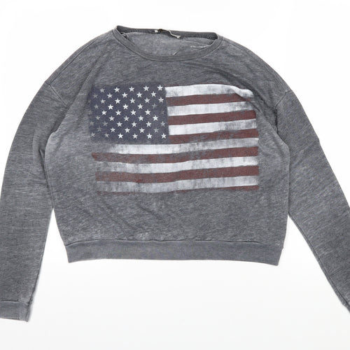 Pull&Bear Womens Grey Cotton Pullover Sweatshirt Size L Pullover - American Flag