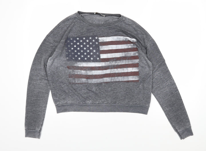 Pull&Bear Womens Grey Cotton Pullover Sweatshirt Size L Pullover - American Flag