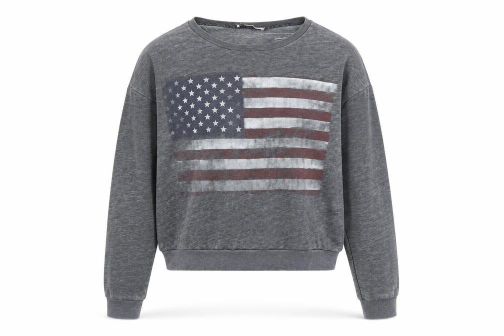 Front view of Pull&Bear women’s grey cotton pullover sweatshirt, size L, pullover - american flag