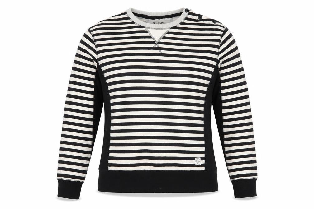 Front view of FCUK women’s multicoloured striped polyester pullover sweatshirt, size S, pullover