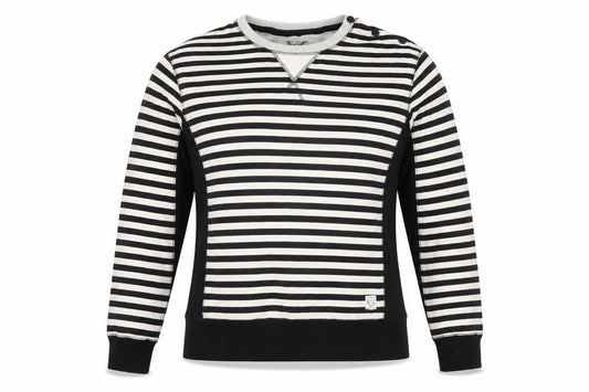 Front view of FCUK women’s multicoloured striped polyester pullover sweatshirt, size S, pullover