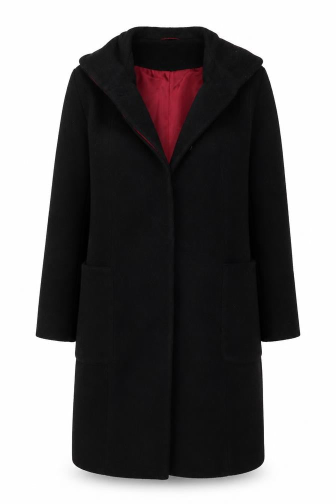 Front view of Oasis women’s black overcoat coat, size UK 10, button