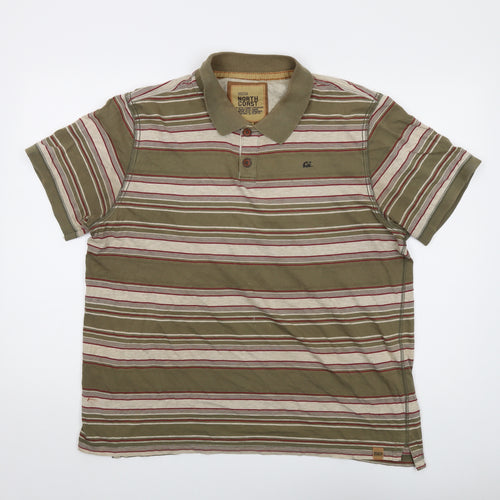 North Coast Mens Green Striped Cotton Polo Size L Collared Button