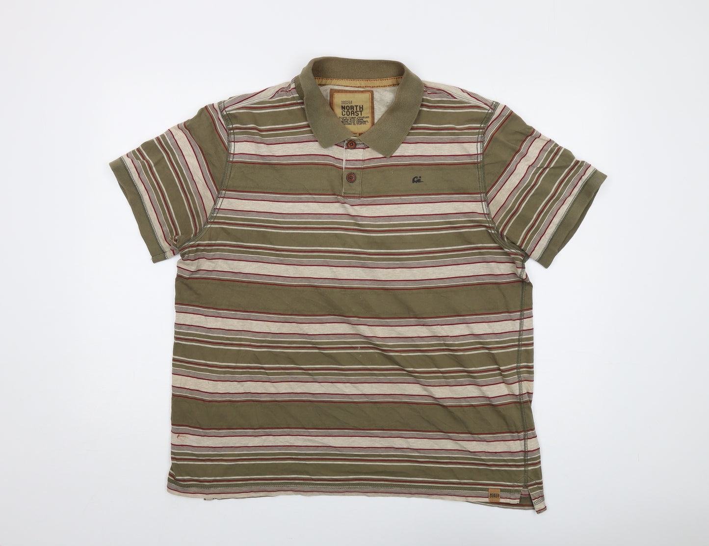 North Coast Mens Green Striped Cotton Polo Size L Collared Button