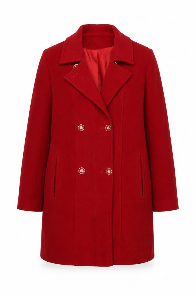Front view of Kesta women’s red overcoat coat, size UK 12, button