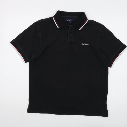 Ben Sherman Mens Black Cotton Polo Size L Collared Button