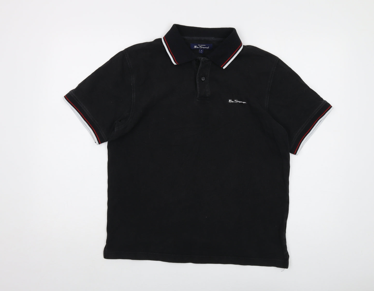 Ben Sherman Mens Black Cotton Polo Size L Collared Button