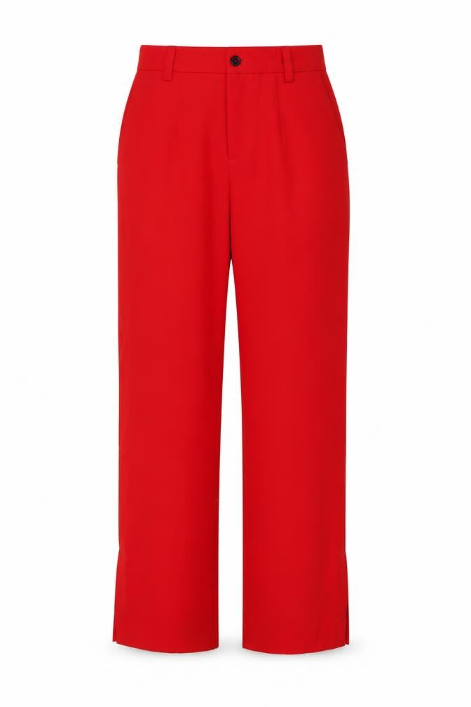 Front view of Sanctuary women’s red polyester trousers, size UK 26, in, 32-inch leg regular button