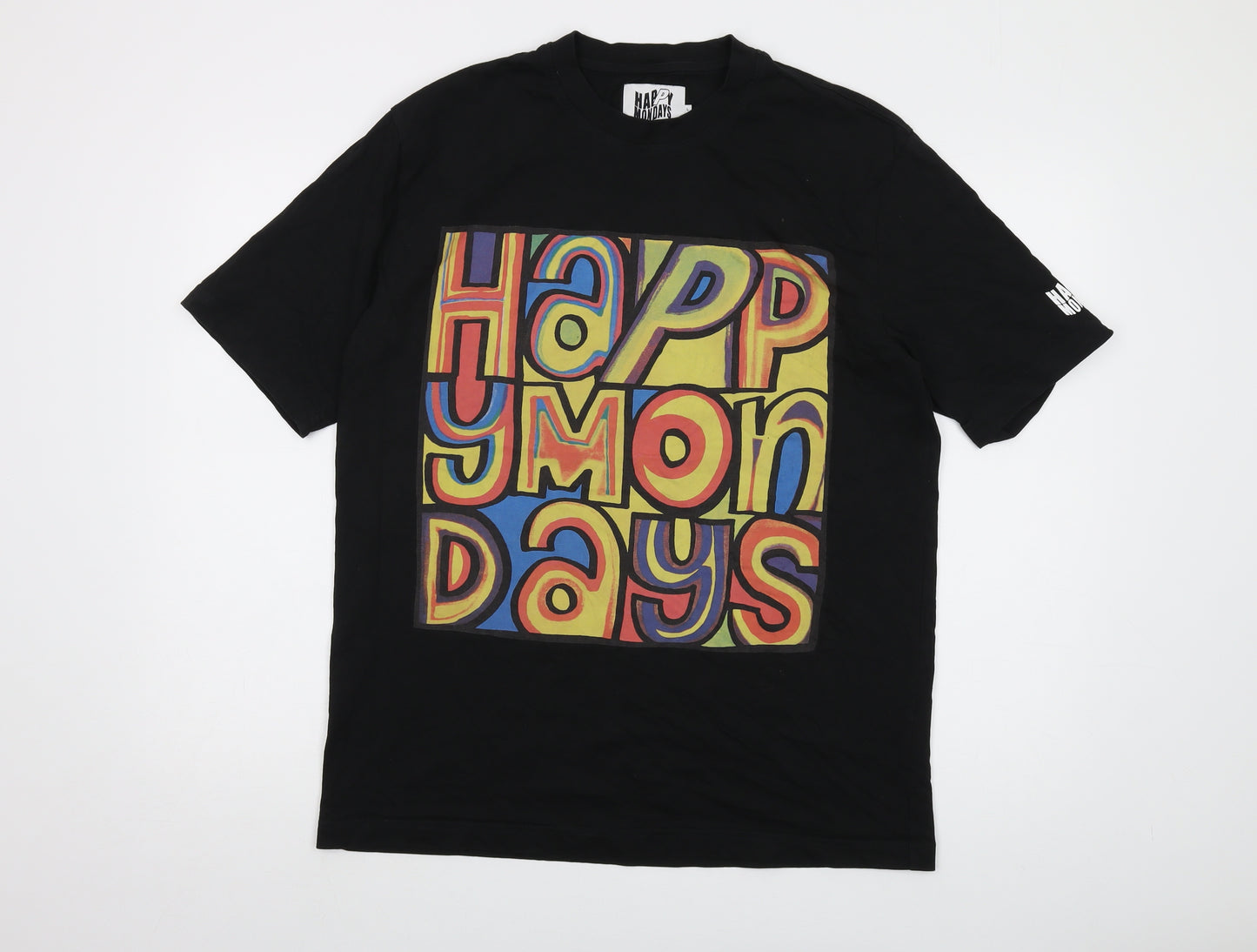 Happy Mondays Mens Black Cotton T-Shirt Size L Crew Neck