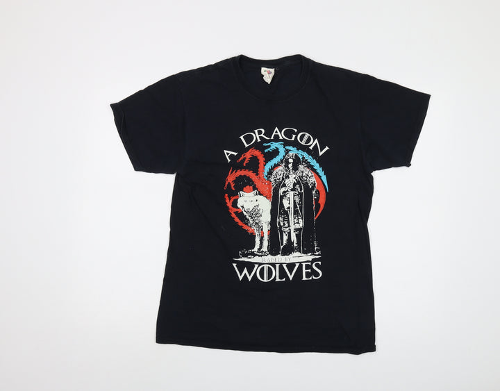 a Dragon Wolves Mens Beige Cotton T-Shirt Size M Crew Neck