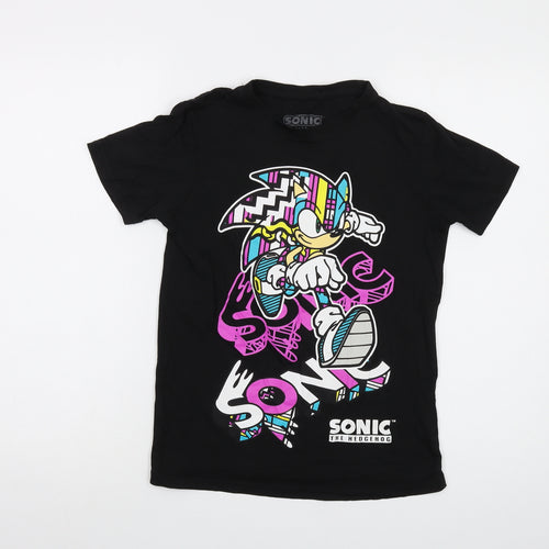 Sonic Girls Black Cotton Basic T-Shirt Size 10-11 Years Crew Neck Pullover