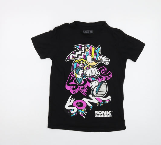 Sonic Girls Black Cotton Basic T-Shirt Size 10-11 Years Crew Neck Pullover