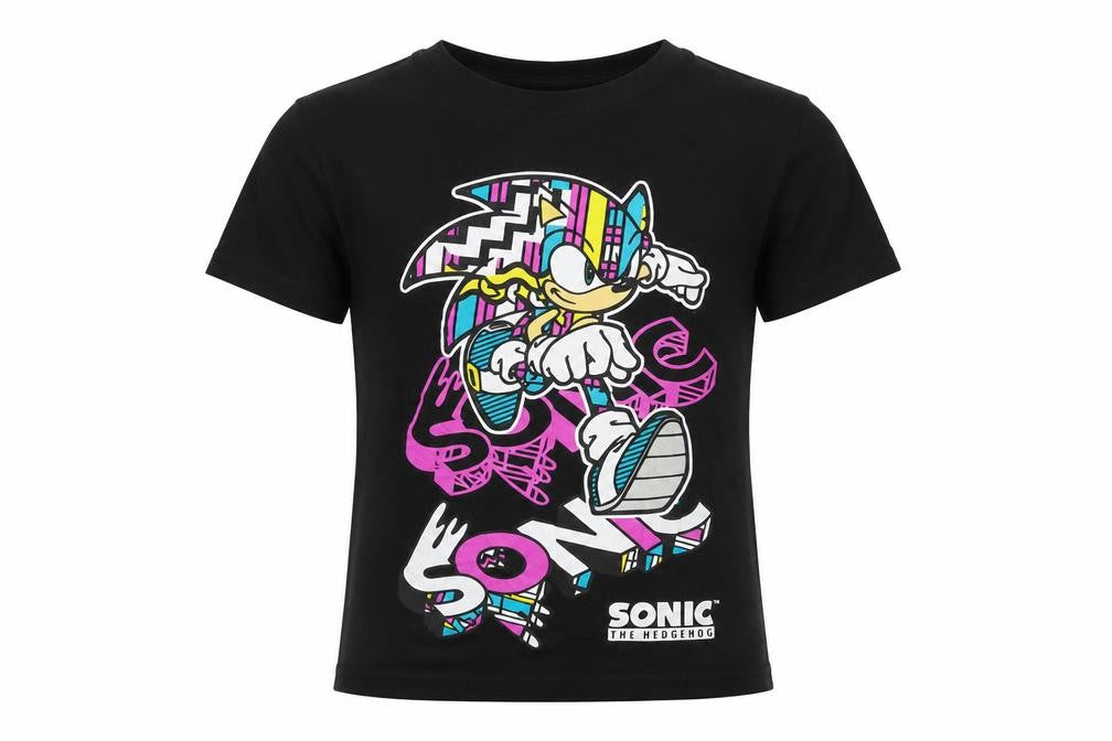 Front view of Sonic girls’ black cotton basic t-shirt, size 10-11, years crew neck pullover