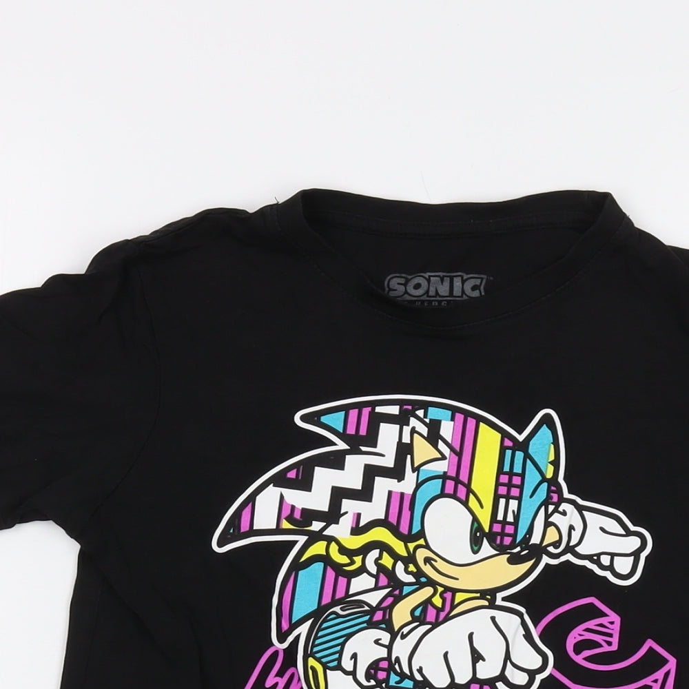 Sonic Girls Black Cotton Basic T-Shirt Size 10-11 Years Crew Neck Pullover